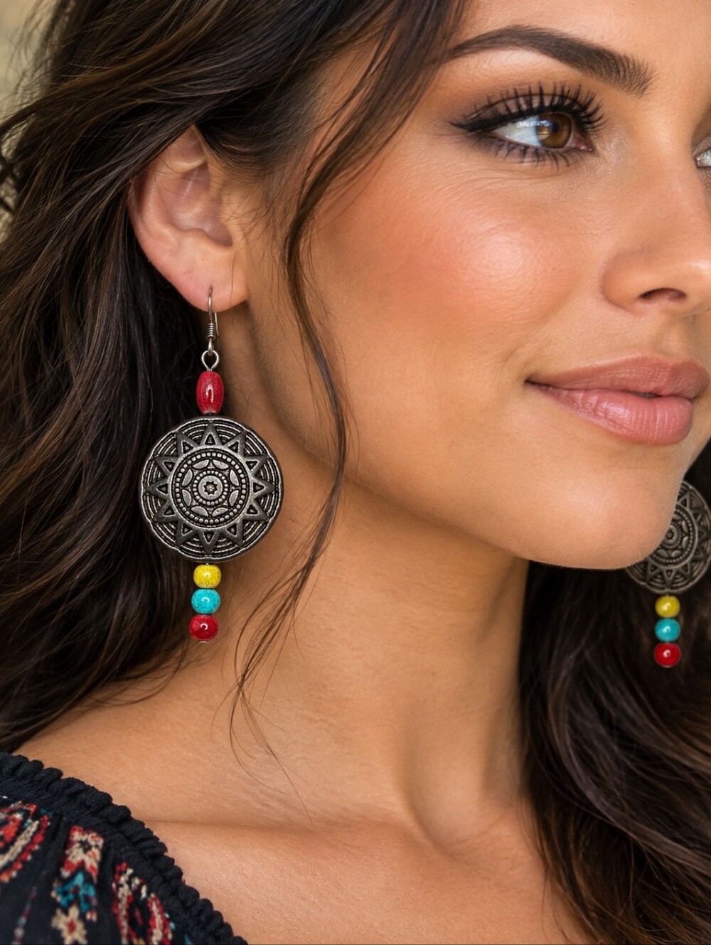 Aztec Boho Medallion Disc Beaded Earrings Artisan Fashion Jewelry Accessories
